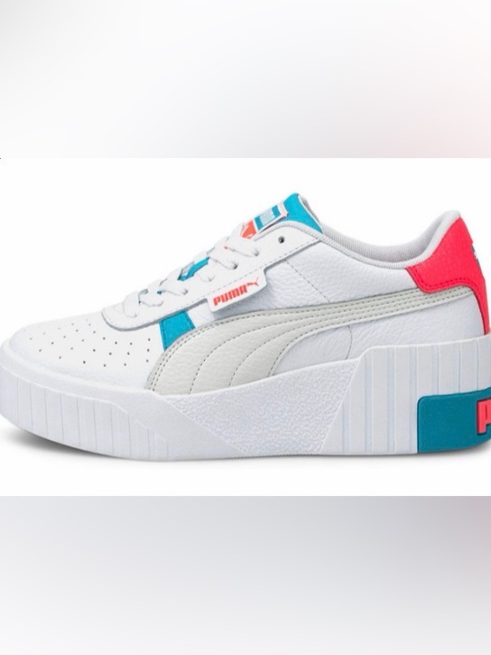 Puma Cali Wedge Platform White Leather Sneaker with Teal & Coral Accents Size7